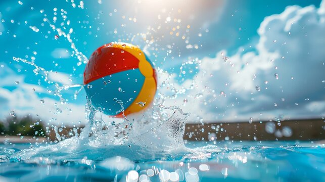 Multicolored beach ball tossed swimming pool splashes, water, bright, blue, sky