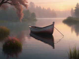 Obraz premium Lakeside at Dawn Calm water, morning mist, pink-orange sky, wooden dock with rowboat, lush greenery.