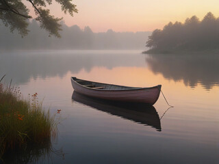 Lakeside at Dawn Calm water, morning mist, pink-orange sky, wooden dock with rowboat, lush greenery.