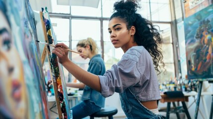The young female artist painting.