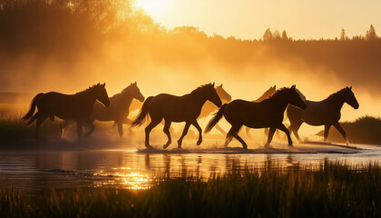 A wild herd of natural horses crossing the river, golden hour. foggy and mystic background

