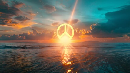 A peace sign symbol sits in the middle of the vast ocean against the backdrop of a beautiful sunset