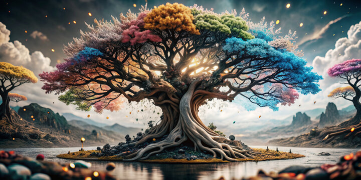 Lose yourself in the fantasy of a vibrant tree illustration on your desktop. This colorful 4k wallpaper adds a touch of magic to any screen
