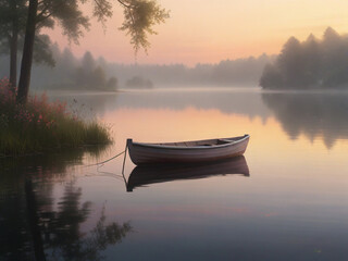 Lakeside at Dawn Calm water, morning mist, pink-orange sky, wooden dock with rowboat, lush greenery.