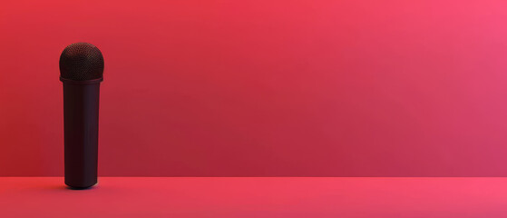 Fototapeta premium Black microphone with a deep red backdrop, epitomizing bold and dramatic audio equipment.