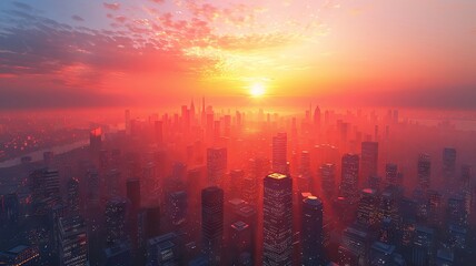 Fototapeta premium Vibrant Urban Sunset Over a Modern Skyscraper Cityscape in Autumn Mist