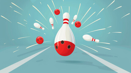 Dynamic illustration of bowling pins and balls exploding on impact, capturing the excitement of a perfect strike.