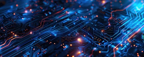 Fototapeta premium Close-up of illuminated blue and orange electronic circuit board. High-tech digital background. Technology and innovation concept.