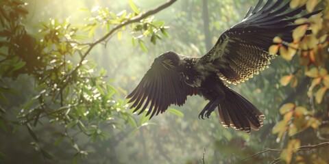 Fototapeta premium Flying Microraptor in Prehistoric Forest