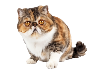 Full body shot of Exotic Shorthair cat, sitting, looking around curiously.