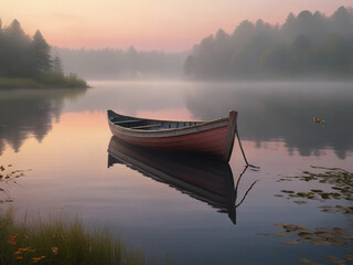 Obraz premium Lakeside at Dawn Calm water, morning mist, pink-orange sky, wooden dock with rowboat, lush greenery.