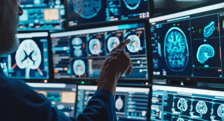 Closeup of hands pointing at an advanced computer screen displaying medical MRI images, with multiple monitors showing detailed infrared scans of the human brain