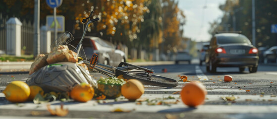 A fallen bicycle on a crosswalk surrounded by smashed pumpkins and scattered produce, with cars passing by in the background, suggests a recent accident.