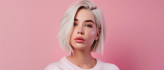 Close-up portrait of a young woman with short blonde hair, against a pink background, showcasing her serene yet confident expression.