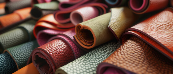 A colorful assortment of rolled leather hides, showcasing rich textures and vibrant hues, epitomizing craftsmanship and material quality.