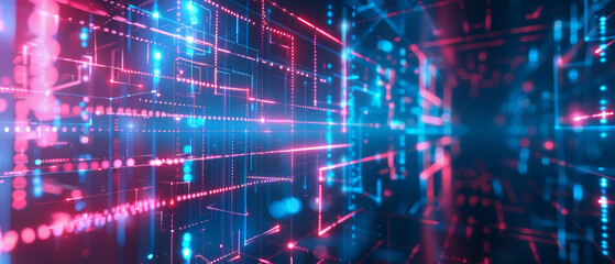 A futuristic display of geometric red and blue lights forms a maze-like structure, suggesting a digital labyrinth filled with endless possibilities.