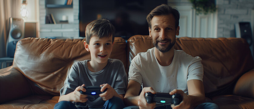 Young father playing video games with his child. Good parenting, bonding, quality time with a child, fun active leisure for families with kids. Celebration of Father's Day concept - Powered by Adobe