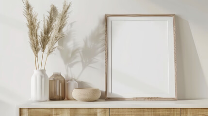 Mockup poster frame on shelf with aesthetic decor, wooden and white colors. Cozy light interior. Generative AI