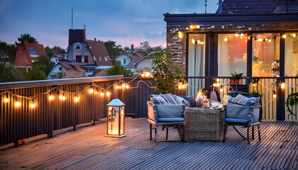 Obraz premium charming rooftop terrace String lights and lanterns transforming a wooden deck into a charming space Outdoor living space decorated bathed in the warm glow