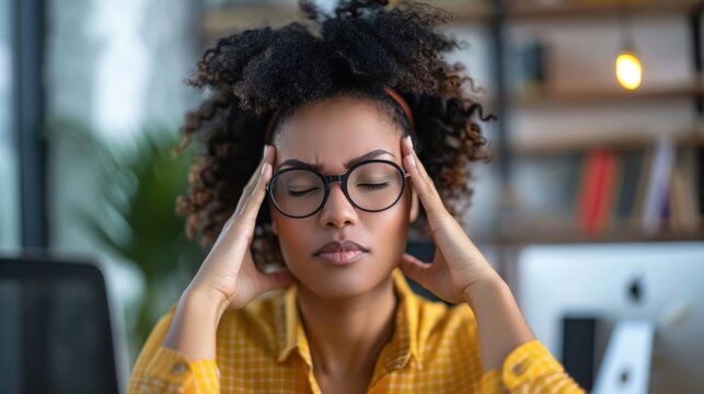 A woman experiencing eye strain and fatigue from staring at a computer screen