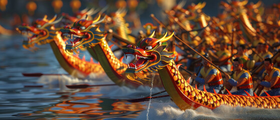 Fototapeta premium Rows of strikingly decorated dragon boats fiercely compete in a race, their golden hues glimmering under the sun as paddlers row with intense determination.