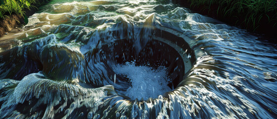 Water whirling energetically into a drain in a natural setting, surrounded by lush greenery, showcasing a mesmerizing juxtaposition of nature and fluid dynamics.