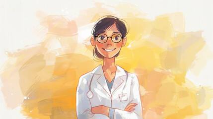 A smiling female doctor in a white coat stands confidently, representing professionalism and healthcare excellence.