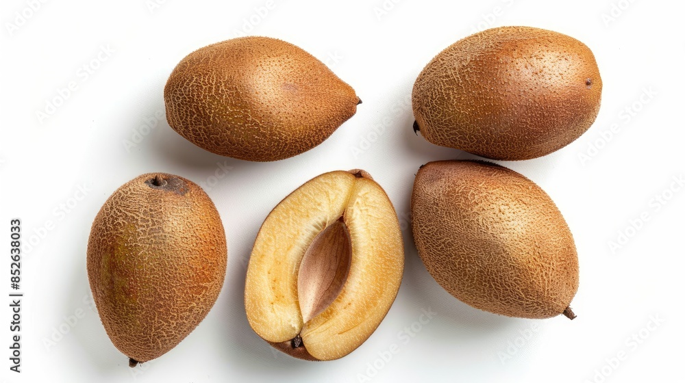 Poster top view of sapodilla on white background with complete depth of field