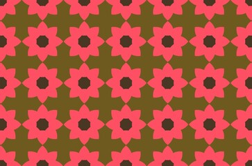 A pattern of pink flowers with black centers on a brown background