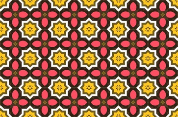 A pattern of flowers and leaves in a bright color scheme