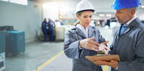 Factory, staff and checklist with clipboard for quality inspection or logistics planning for...