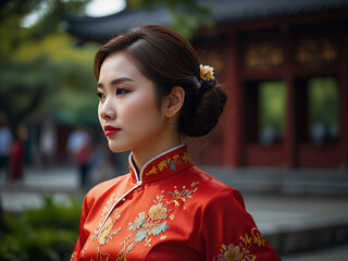 Fototapeta premium Chinese Woman in a Traditional Cheongsam / Qipao