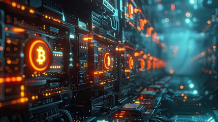 Obraz premium Futuristic cryptocurrency mining farm illuminated with neon lights, showcasing digital currency technology and data processing power.