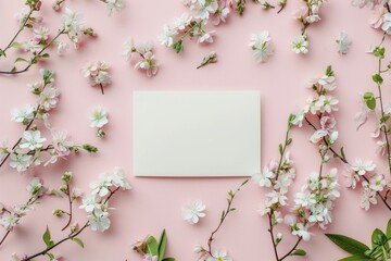 Spring Floral Mockup with Blank Card Surrounded by Pastel Flowers - Generative AI