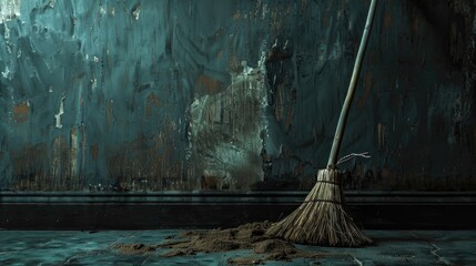 Broom on dirty floor against dark wall