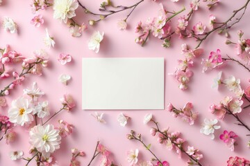 Fototapeta premium Spring Floral Mockup with Blank Card Surrounded by Pastel Flowers - Generative AI