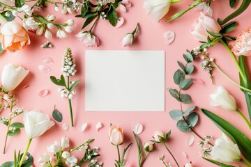 Obraz premium Spring Floral Mockup with Blank Card Surrounded by Pastel Flowers - Generative AI