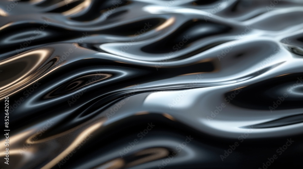 Aufkleber close-up of a black liquid surface with rippling waves, creating a reflective, abstract pattern