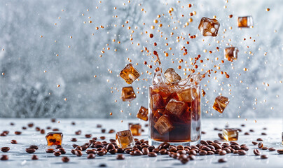 glass of soda with ice or coffee ice tea splash wallpaper with copy space	