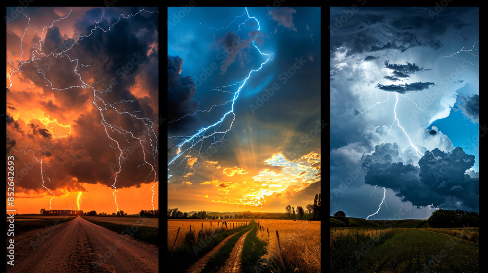 Poster triptych showcasing thunderstorms with vibrant lightning strikes and dramatic skies