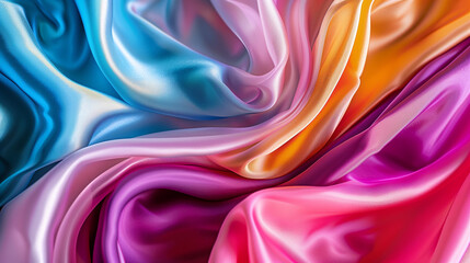 A close-up of luxurious silk fabric in vibrant colors, draped elegantly with delicate folds and smooth textures, capturing its shimmering quality."