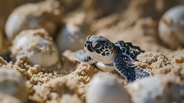 A close-up of a baby sea turtle hatching from its egg, surrounded by the soft sand 