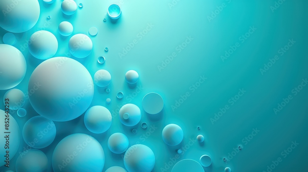 Poster a close-up image of blue and white spheres floating on a vibrant teal background, creating a mesmeri