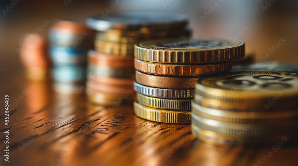 Poster a stack of coins with a variety of colors and sizes. the coins are piled on top of each other, creat