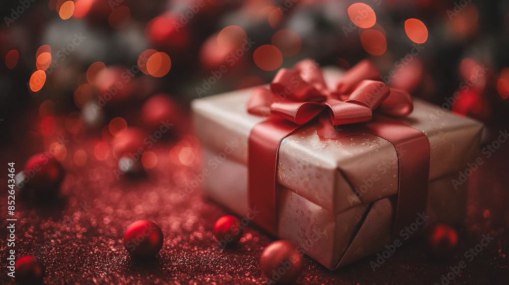 Poster a large box with a red bow sits on a red background