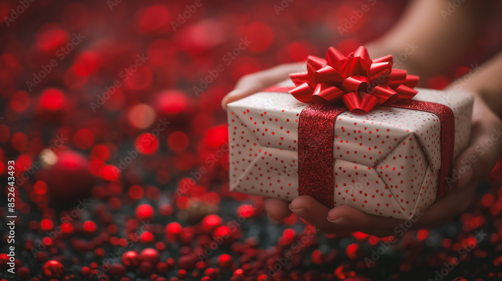 Poster a person is holding a white box with a red bow on top. the scene is set on a black background with a