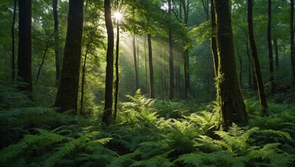 Fototapeta premium dense, lush green forest with tall trees and a carpet of vibrant green foliage. Include a sunbeam piercing through the canopy, illuminating the forest floor. The atmosphere shou