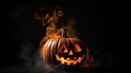 Halloween scary pumpkin on fire, black background, isolate. AI generated.
