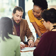 Business people, teamwork and brainstorming in meeting with discussion for creative planning and...