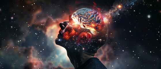 State of mind concept. Consciousness is a fundamental and ubiquitous aspect of the universe. Man portrait dark silhouette and consciousness represents colorful universe and space. Generative AI